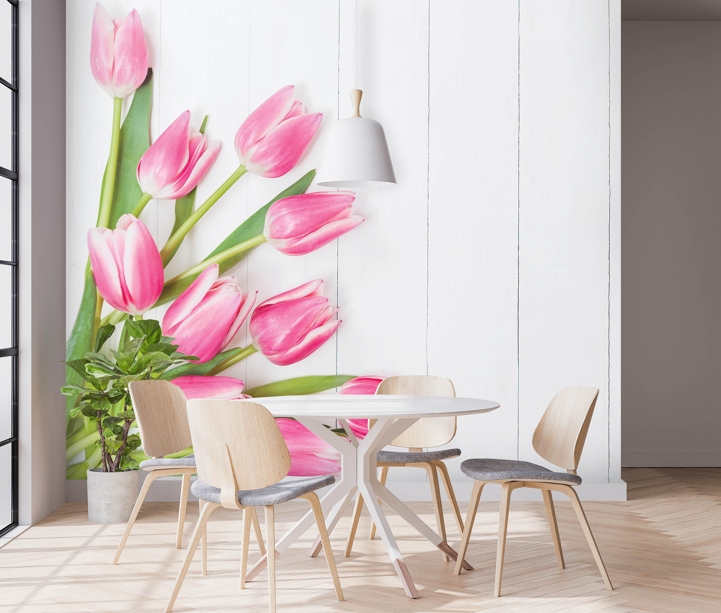 Tapeta Tulipány a bílé dřevo Vel (šířka x výška): 144 x 105 cm