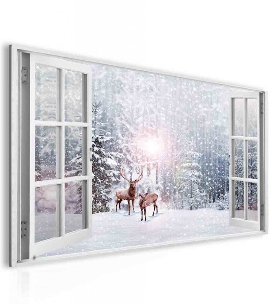 Obraz okno jeleni v zimě Velikost (šířka x výška): 90x60 cm