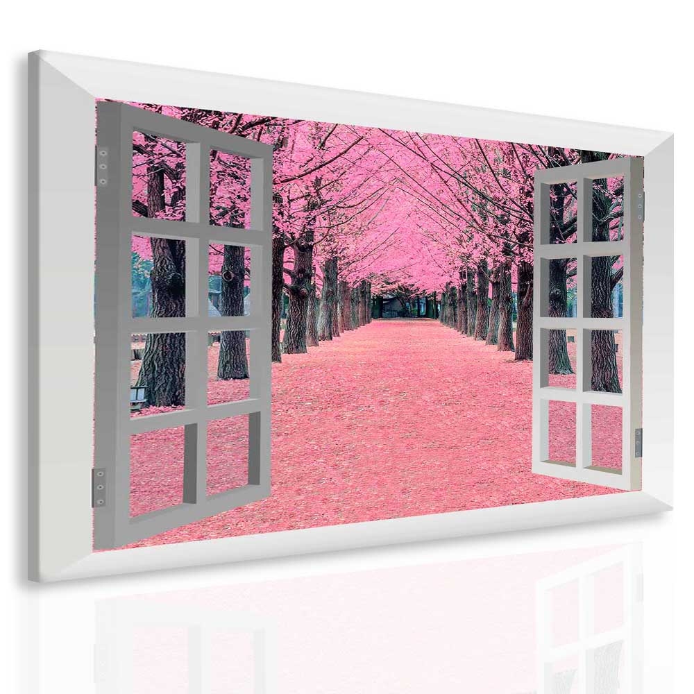 Obraz růžová alej za oknem Velikost: 120x110 cm