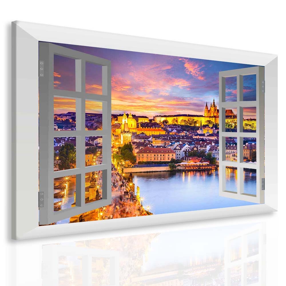 Obraz večerní Praha za oknem Velikost: 120x110 cm