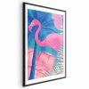 Plakát - Pink Flamingo - abstraktní plameňák na pozadí palem a kostek ledu