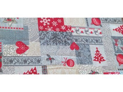 Dekorační látka vánoční patchwork šedo červený