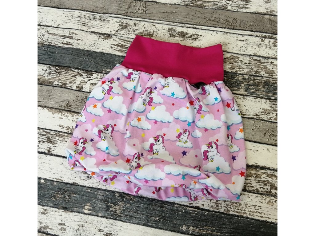 Balónová sukně Yháček, jednorožec na růžové