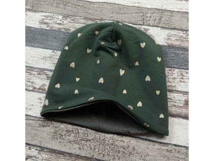 Šmoulí čepička Yháček, oboustranná, Malá srdíčka na khaki