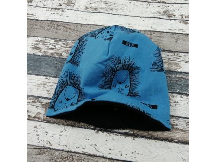 Šmoulí čepička Yháček, oboustranná, ježci na modré