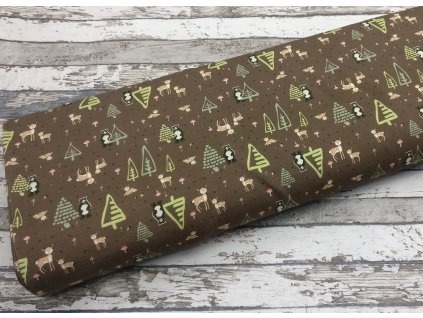 Teplákovina, stromky a zvířátka na hnědé