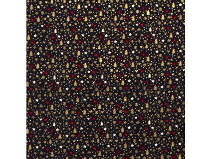 Plátno, vánoční zlatotisk, stromečky, srdíčka a hvězdičky