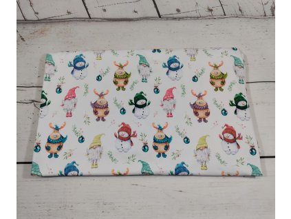 Teplákovina vánoční zvířátka a baňky na bílé