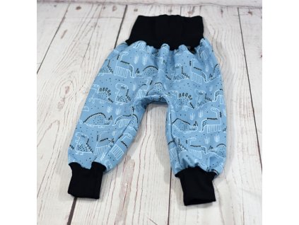 Softshellové kalhoty Yháček, letní, Zvědaví dinosauři na modré, vel. 86, POSLEDNÍ KUS