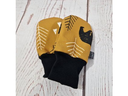 Mini softshellové rukavice bez palce s merinem, Lesní zvěř na hořčicové