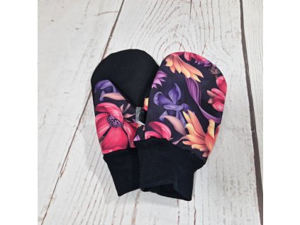 Softshellové rukavice s merinem, květy na tmavém podkladu