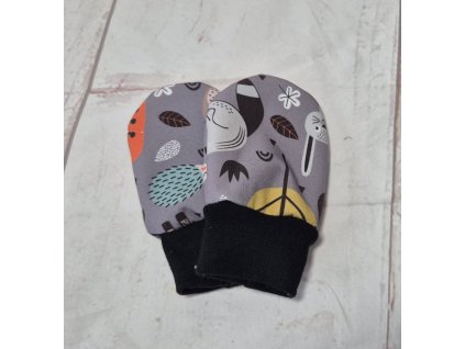 Mini softshellové rukavice bez palce s merinem, Lesní zvířátka na šedé