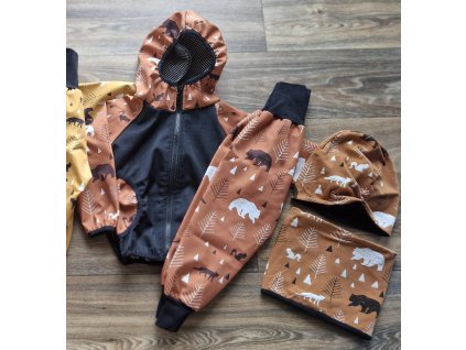 BAZAR, softshellový set jaro/podzim, Lesní zvěř na karamelové, vel. 92