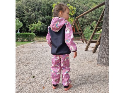 Zimní softshellové kalhoty Yháček, jednorožci na starorůžové, vel. 98, II. jakost