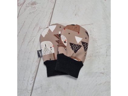 Mini softshellové rukavice bez palce s beránkem, Lišky a medvědi caffé