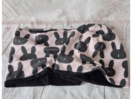 BAZAR, set šmoulí čepice a nákrčníku Yháček, zajíčci na růžové, vel. M