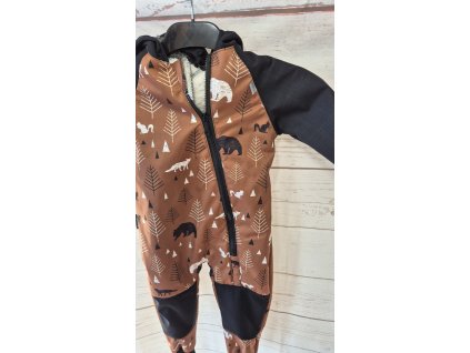 Rostoucí kombinéza softshellová, zimní s beránkem, Lesní zvěř na karamelové/černá, 86/92