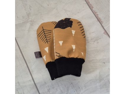 Mini softshellové rukavice bez palce s beránkem, Lesní zvěř na hořčicové, II. jakost