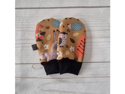 Mini softshellové rukavice bez palce s beránkem, Lesní zvířátka okr, II. jakost