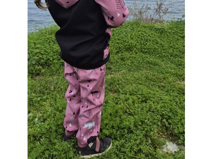 Softshellové kalhoty Yháček, jarní, Lesní zvěř na sarorůžové