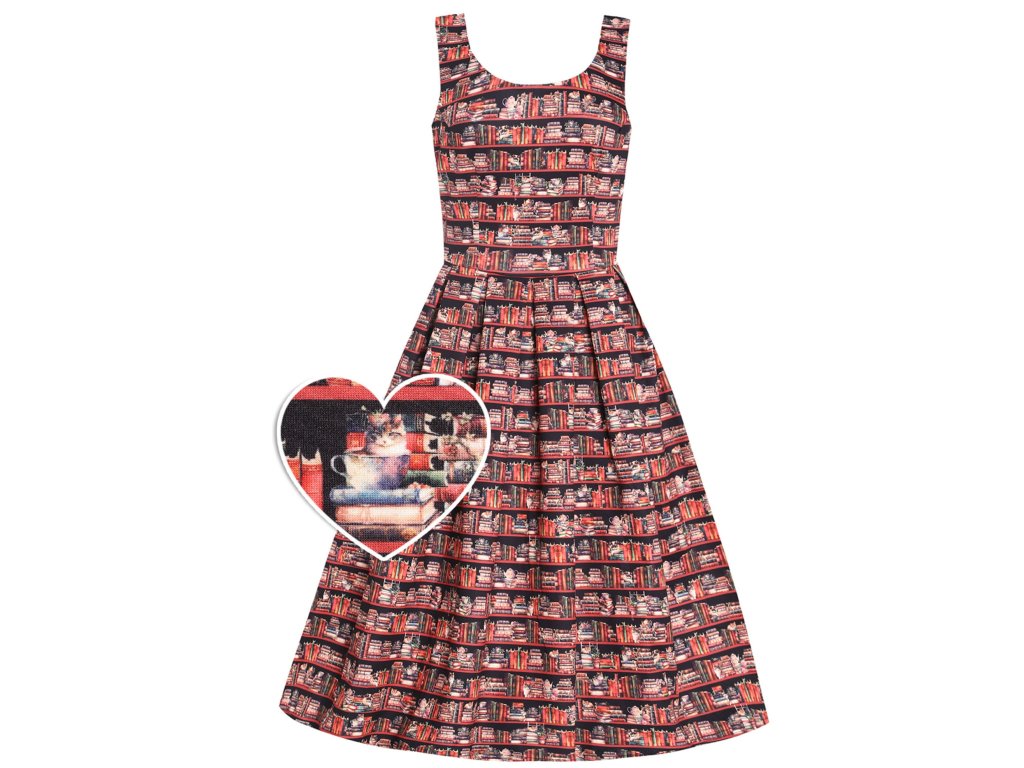Amanda Vintage Inspired Library Book & Cat Print Swing Dress 1