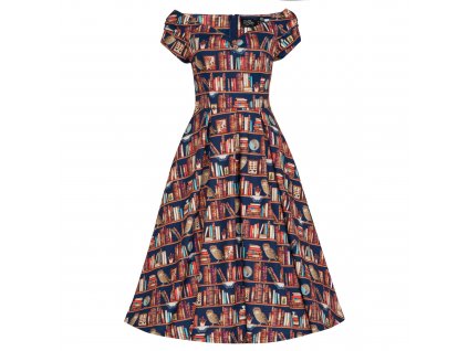 Lily Retro Off Shoulder Library Book & Owl Swing Dress 1
