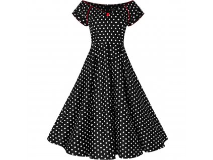Lily Off Shoulder Swing Dress in Black White Dots with Red Details 2