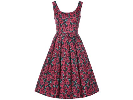 Amanda Black Red Anemone Print Scoop Neck Swing Dress 1