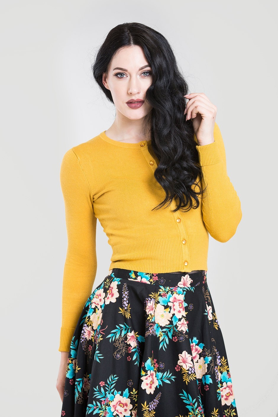 Hell Bunny krátký kardigan Paloma - Mustard Velikost: XS (UK 8)