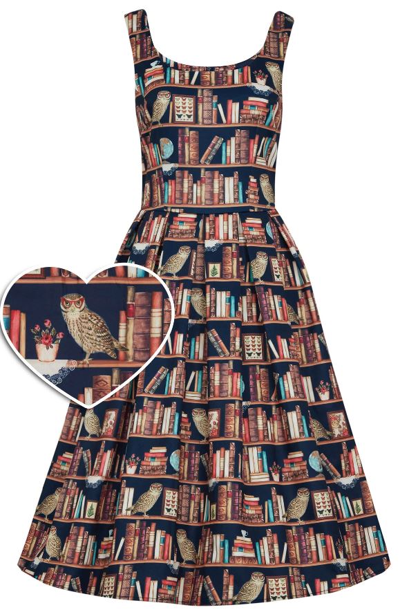Dolly & Dotty retro šaty Amanda - Library Book & Owl Velikost: 5XL (UK 24)