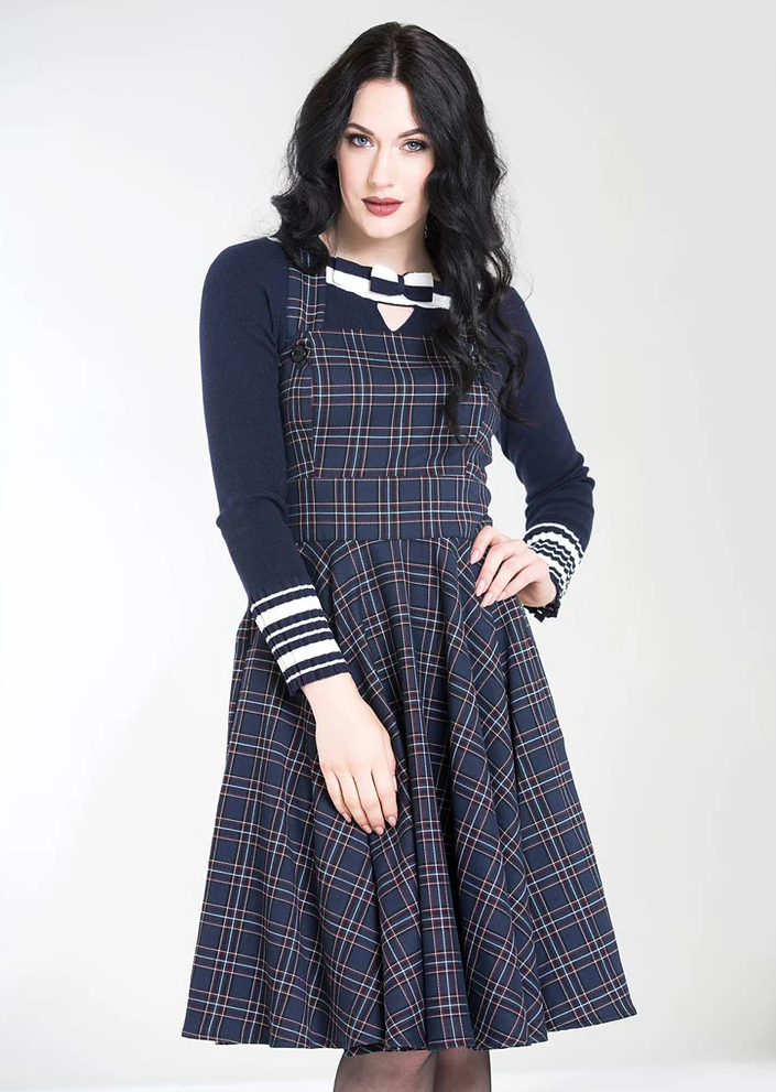 Hell Bunny Šatová sukně - retro šaty s laclem Peebles - Navy Velikost: S (UK 10)