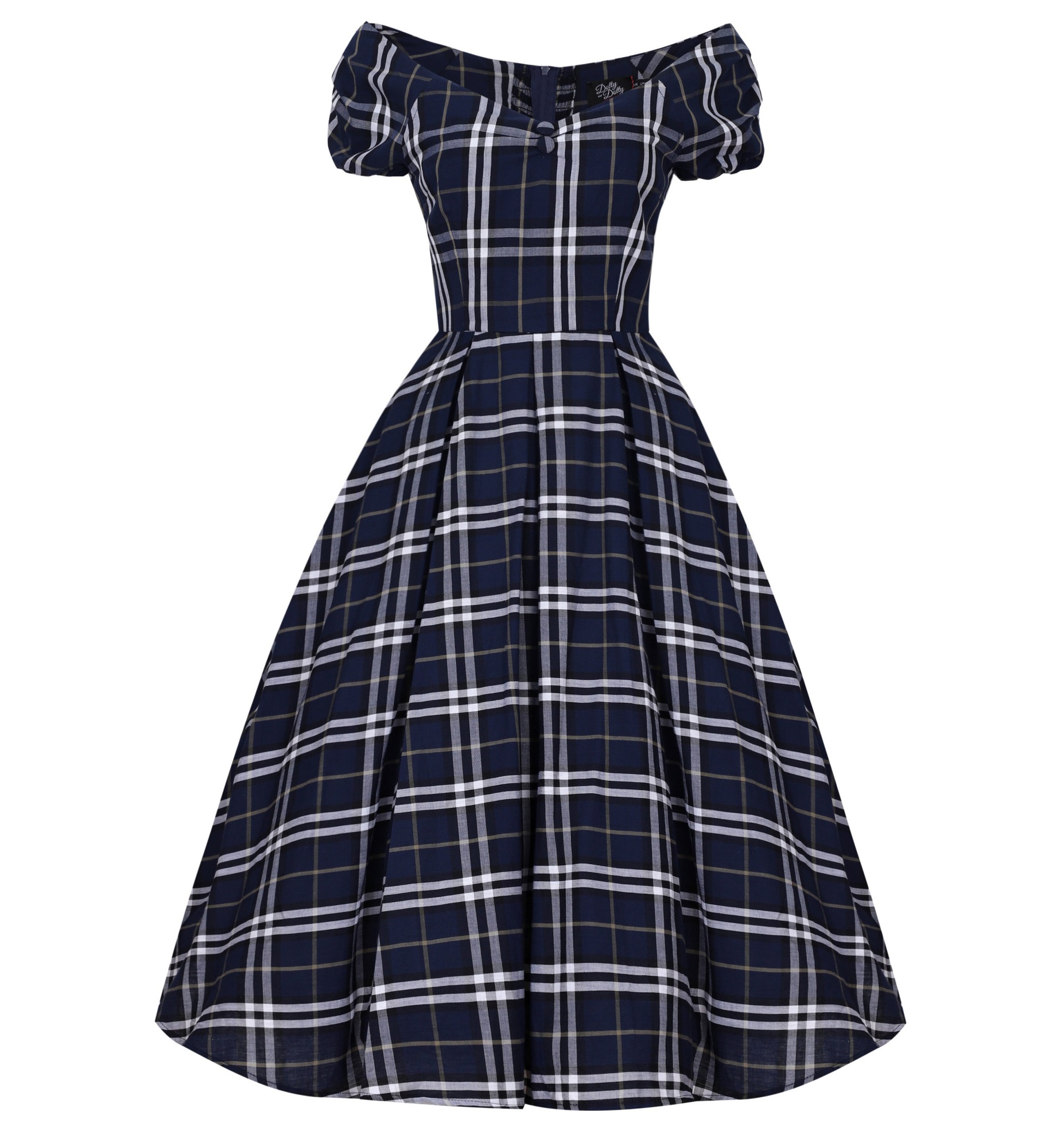 Dolly & Dotty retro šaty Lily - Navy Tartan Velikost: L (UK 14)