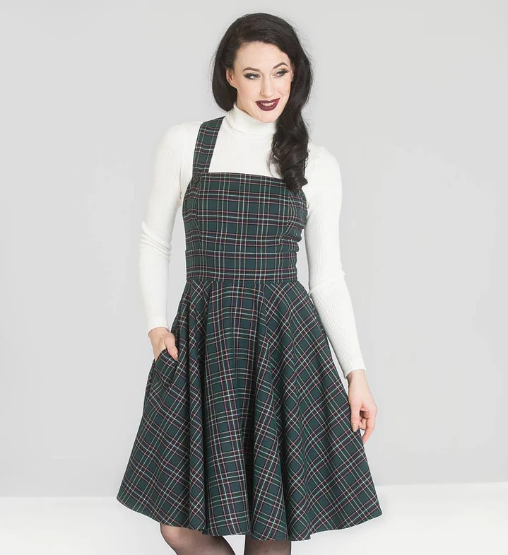 Hell Bunny Šatová sukně - retro šaty s laclem Peebles - Green Velikost: XS (UK 8)