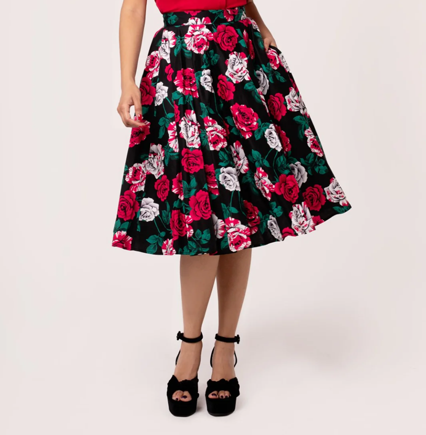 Hell Bunny kolová sukně Paint Me Roses Velikost: XS (UK 8)