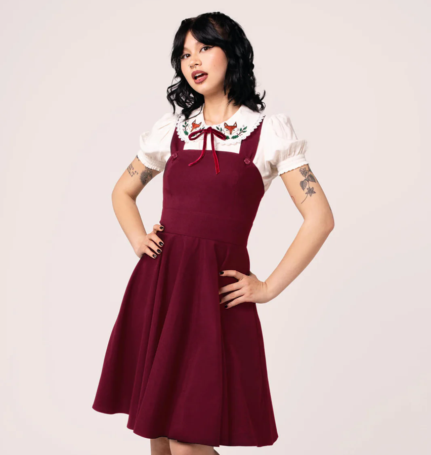 Hell Bunny Šatová sukně - retro šaty s laclem Patti - Burgundy Velikost: XS (UK 8)