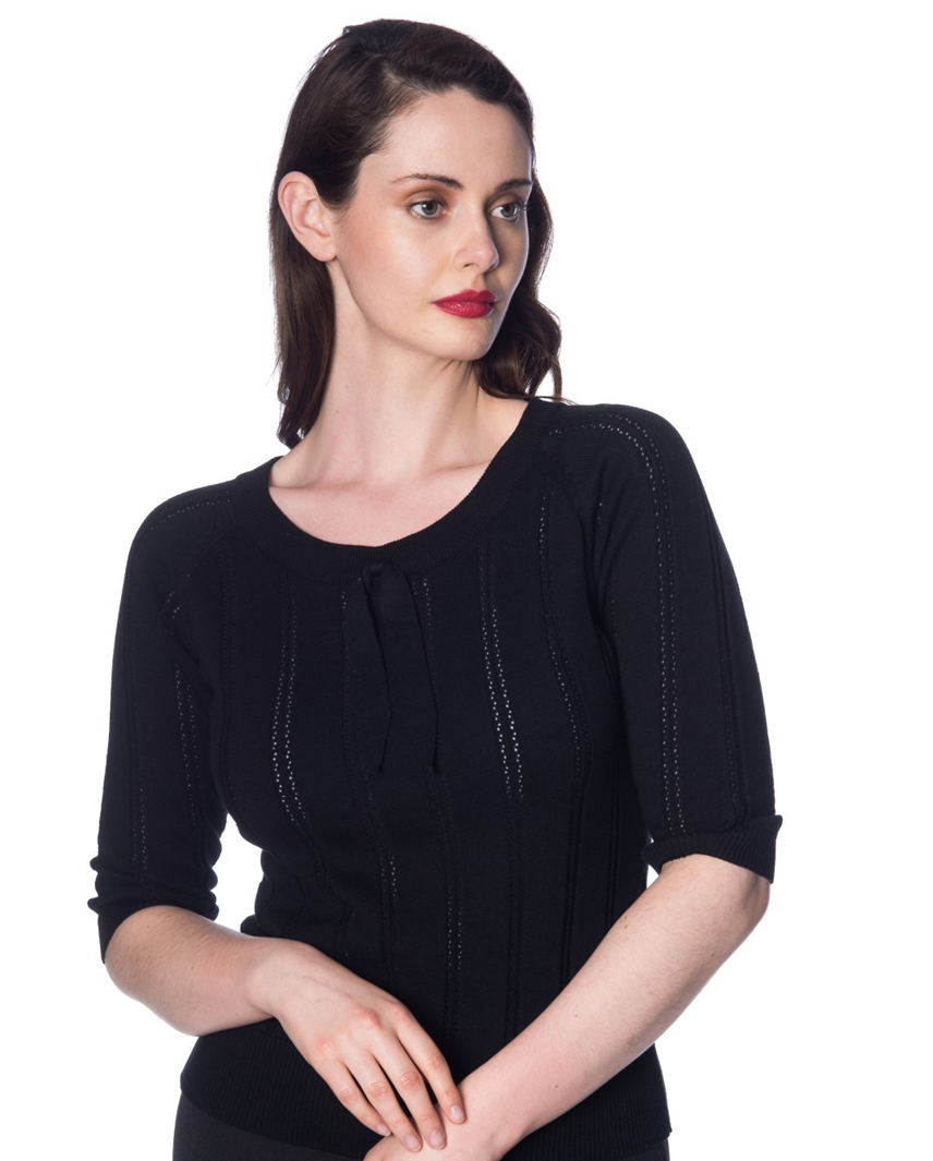 Banned Retro pointelle top Belle Bow - Black Velikost: XL (UK 16)