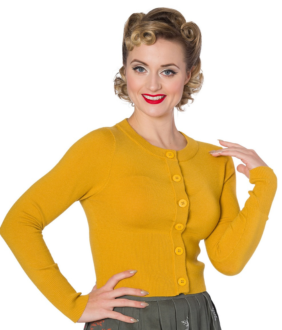 Banned Retro krátký kardigan Dolly - Mustard Velikost: M (UK 12)