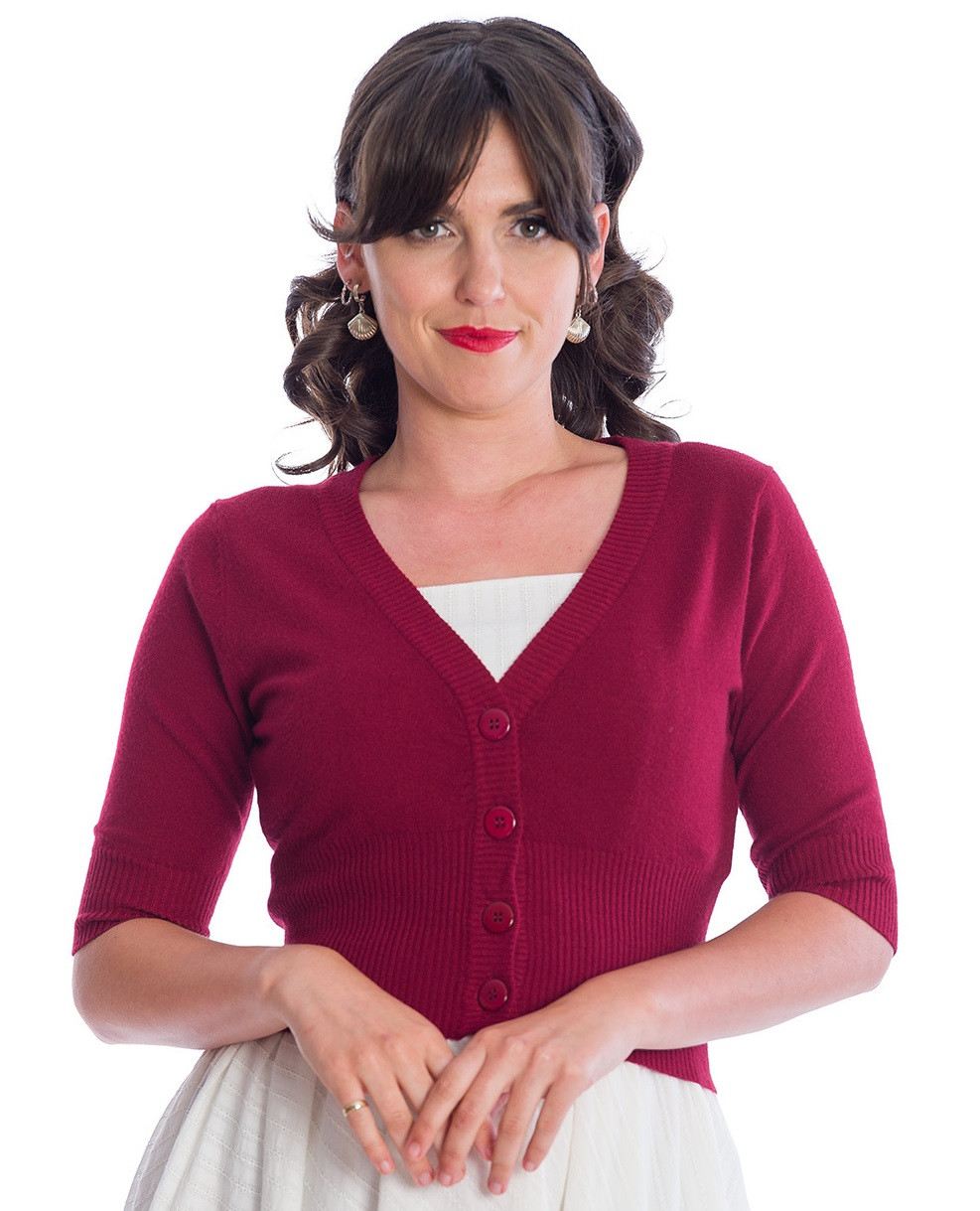 Banned Retro krátký kardigan Sweet Dreamer - Dark Red Velikost: S (UK 10)