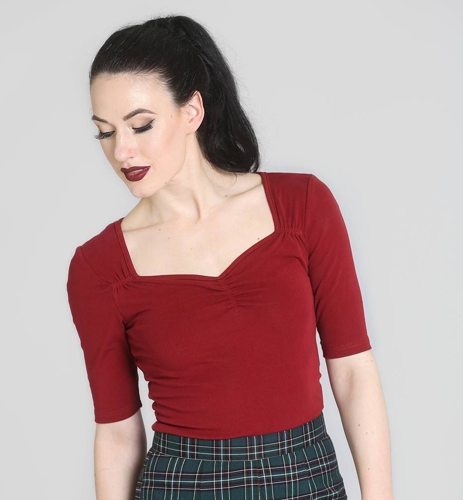 Hell Bunny retro top Philippa - Burgundy Velikost: M (UK 12)