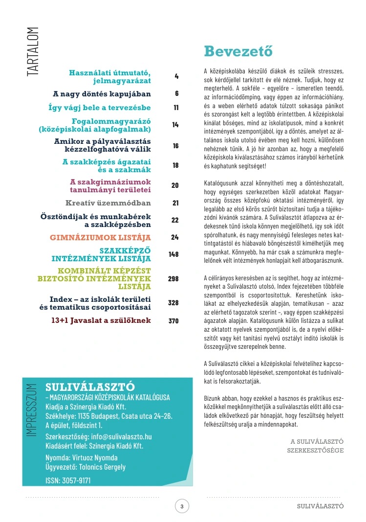 A könyv tartalomjegyzéke és bevezetője