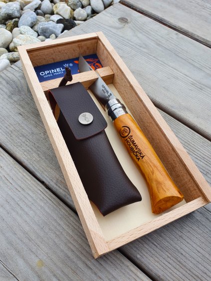 Dárkové balení - Nůž houbařský rukojeť oliva N°08 + pouzdro + dřevěný box