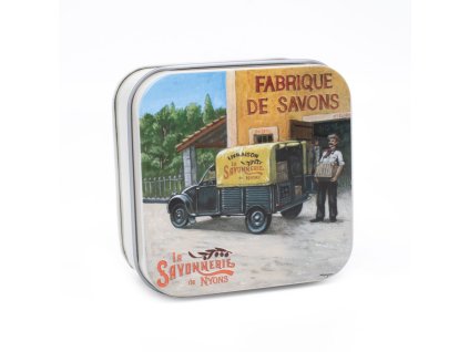 Francouzské tuhé mýdlo 100g v plechové dóze – Bavlník, Furgon z 30. let, La Savonnerie de Nyons