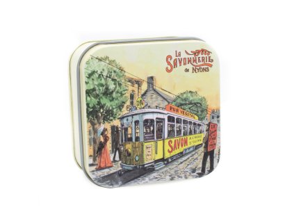 Francouzské tuhé mýdlo 100g v plechové dóze – Bavlník, Tramvaj z 30. let, La Savonnerie de Nyons