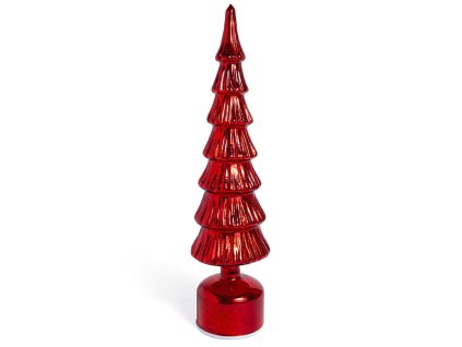 1109 - Otočný vánoční stromek z červeného skla se světlem, baterie 3×AA, 9×9×V.40 cm, dárkové balení