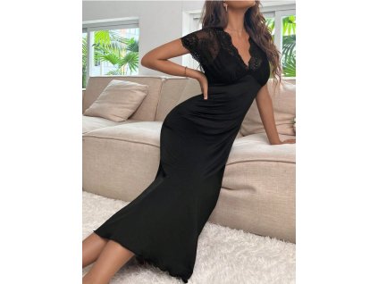 Noční košile dámská černá dlouhá s krajkou