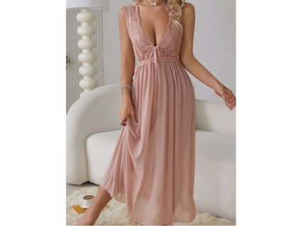 Noční košile dámská růžová dlouhá s krajkou