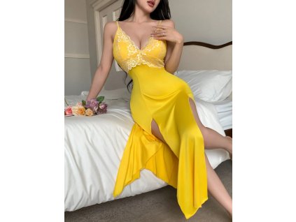 Noční košile dámská žlutá saténová dlouhá s krajkou sexy