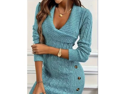Šaty dámské modré pletené s výstřihem