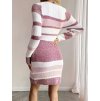 Dámské šaty růžové pruhované pletené s výstřihem