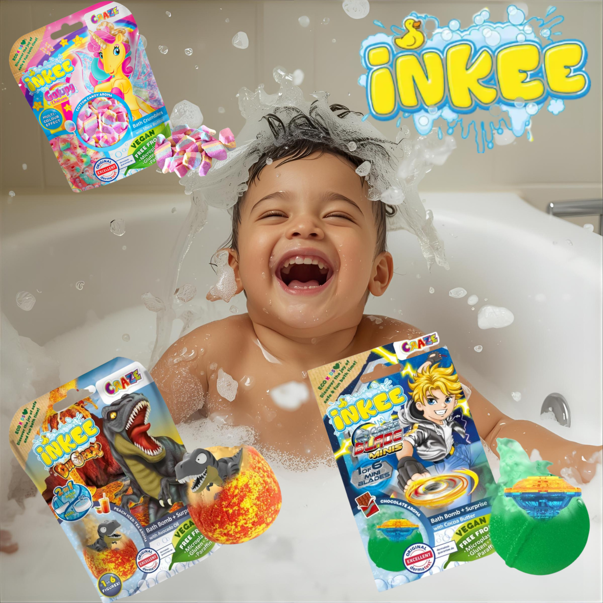 Kouzelné koupání s překvapením: šumivé bomby, barevné koupele a slizy CRAZE INKEE